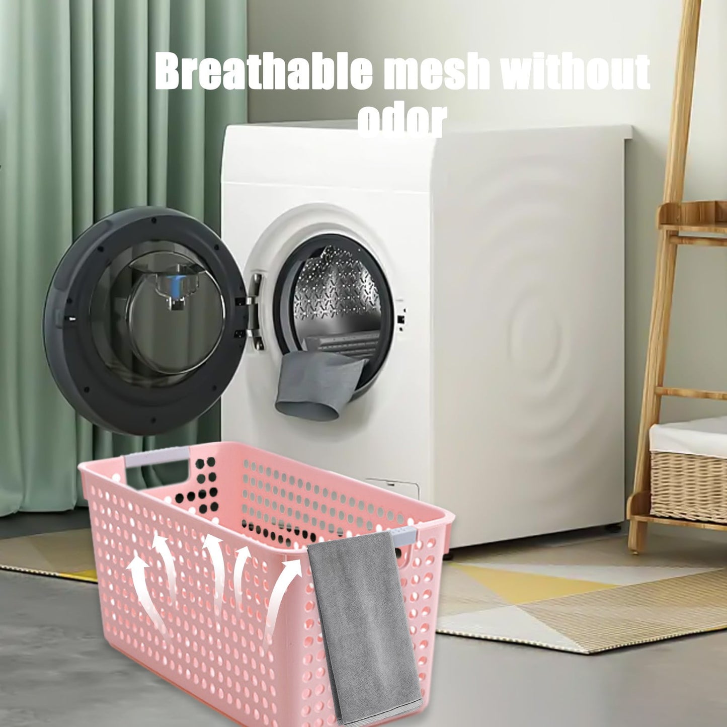 Darzheoy Laundry Basket, 2 pcs Plastic Hamper with Handles, Open Storage Bin to Organize Closets, Cabinets, Pantry, Shelving and Countertop Space, Suitable for Families and Dorms 3PC-Pink