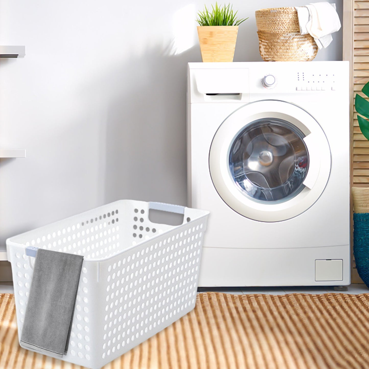 Darzheoy Laundry Basket, 2 pcs Plastic Hamper with Handles, Open Storage Bin to Organize Closets, Cabinets, Pantry, Shelving and Countertop Space, Suitable for Families and Dorms 3PC-White