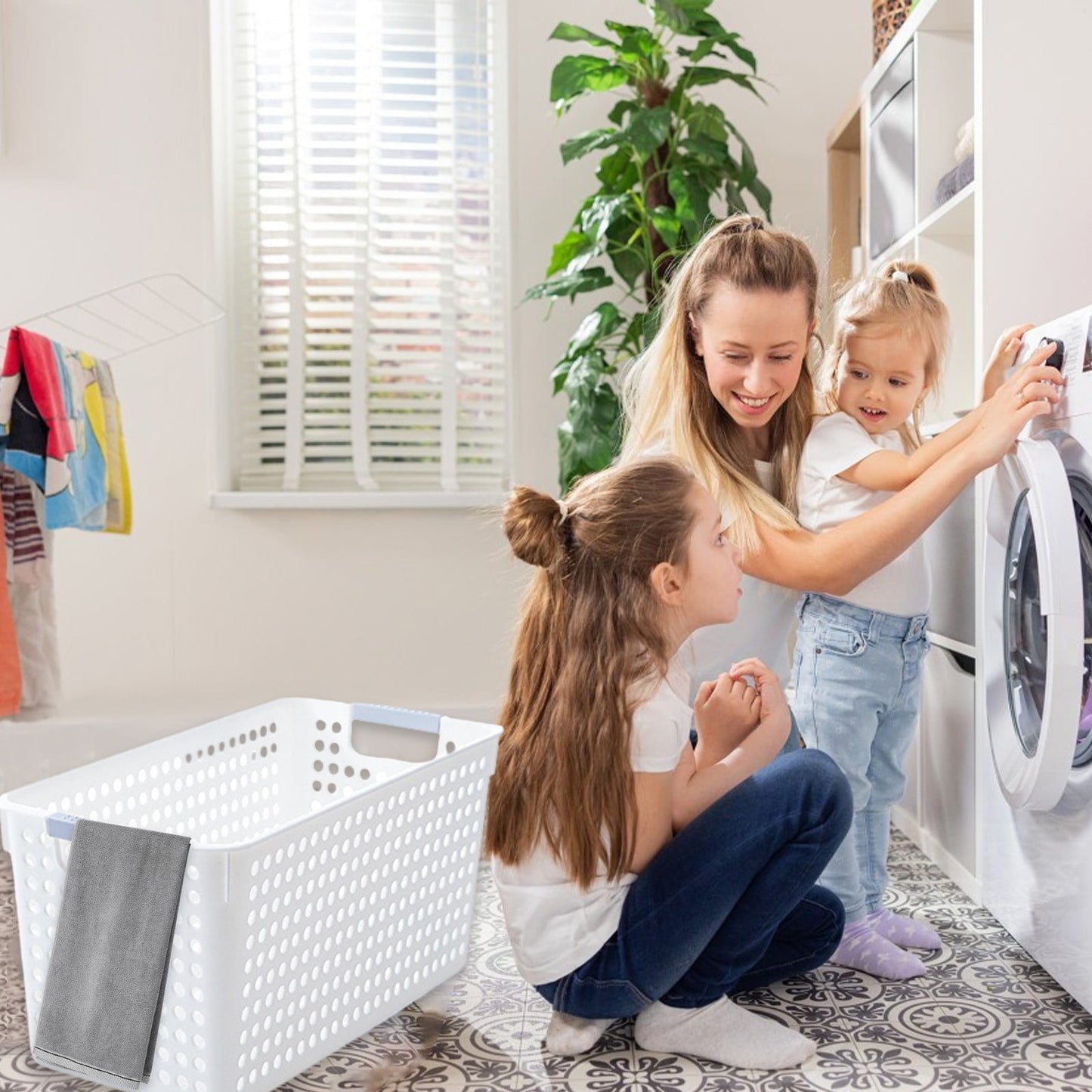 Darzheoy Laundry Basket, 2 pcs Plastic Hamper with Handles, Open Storage Bin to Organize Closets, Cabinets, Pantry, Shelving and Countertop Space, Suitable for Families and Dorms 3PC-White