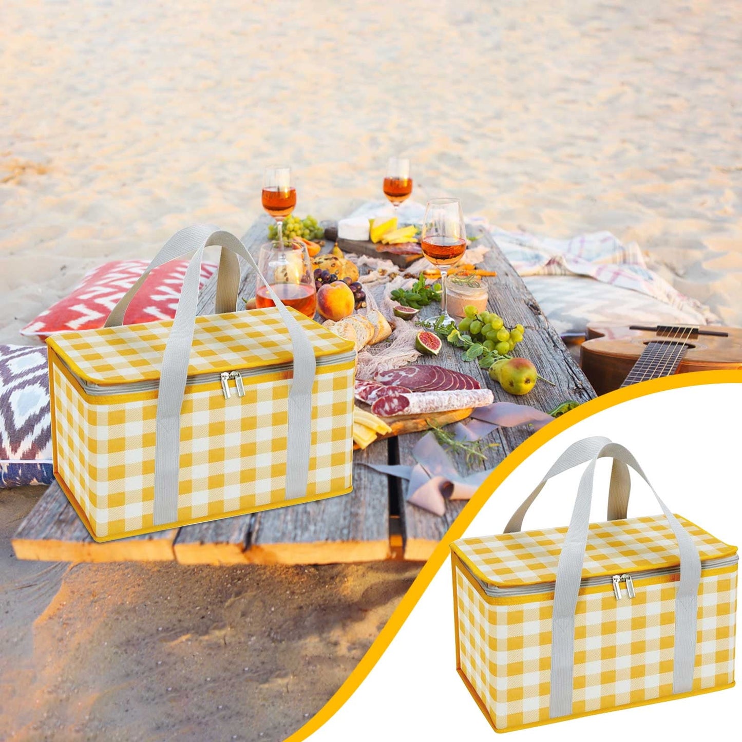 Darzheoy Large Picnic Basket Shopping Basket Camping Picnic Basket Travel Picnic Bag Portable Bento Bag Thermal Insulation Bag Yellow