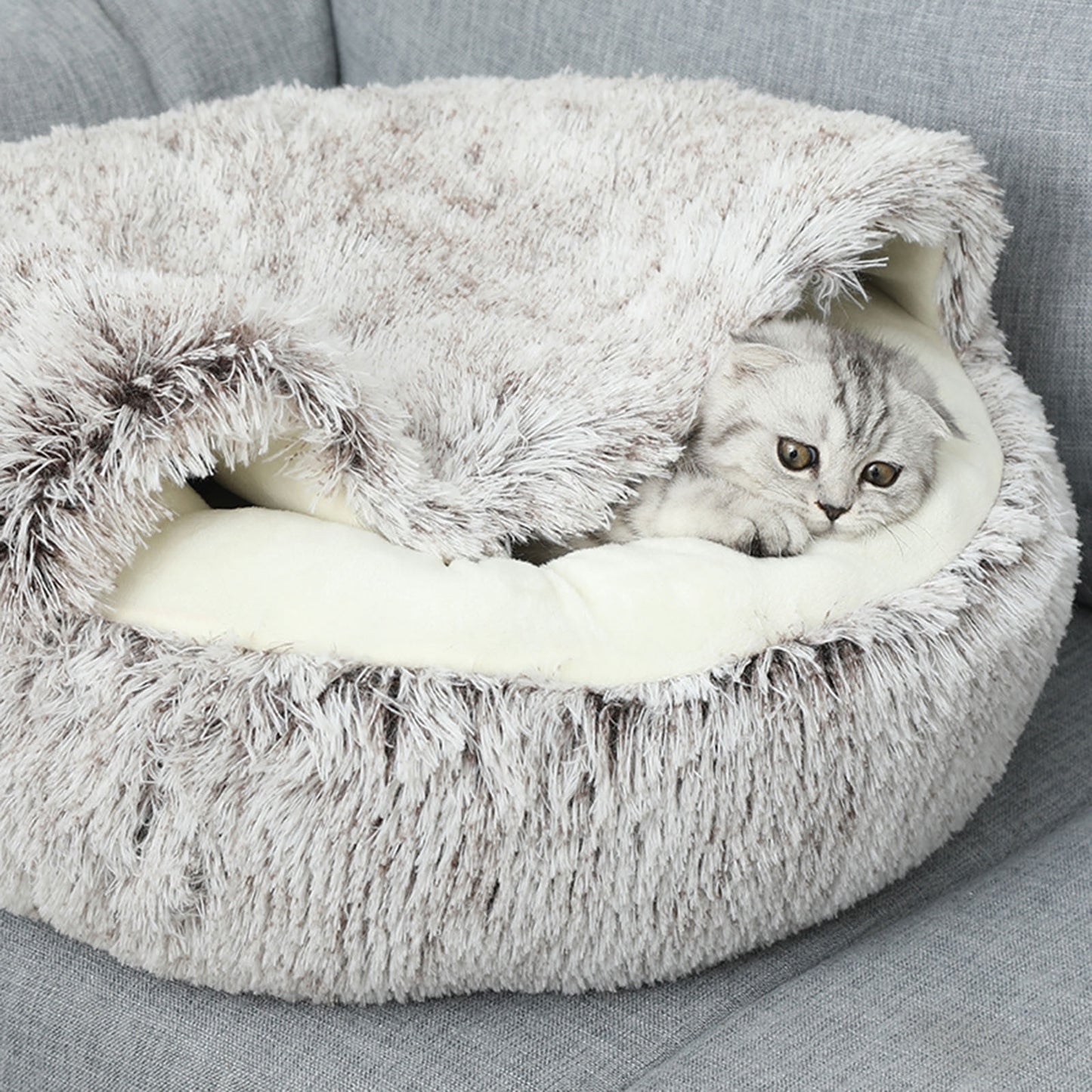 Darzheoy Calming Dog Beds & Cat Cave Bed with Hooded Cover, Removable Washable Round Beds for Small Medium Pets, Anti-Slip Plush Coved Bed for Pet (20"x20") F