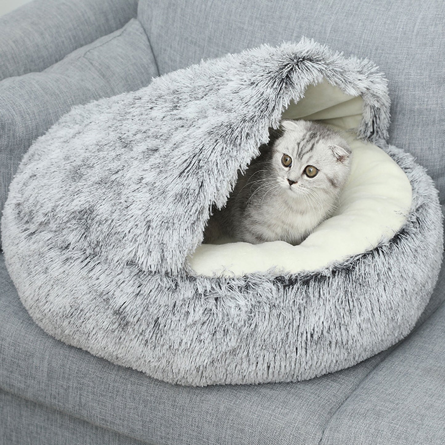 Darzheoy Calming Dog Beds & Cat Cave Bed with Hooded Cover, Removable Washable Round Beds for Small Medium Pets, Anti-Slip Plush Coved Bed for Pet (20"x20") F