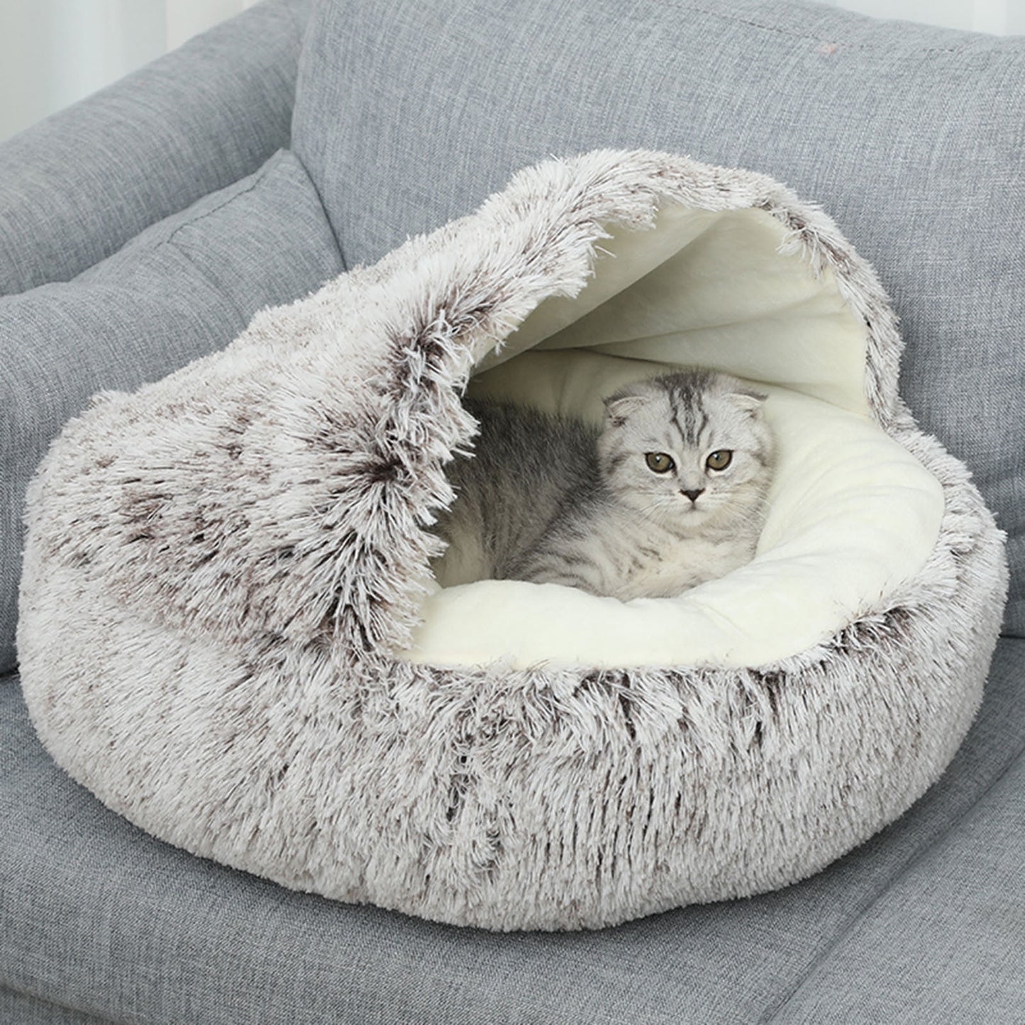 Darzheoy Calming Dog Beds & Cat Cave Bed with Hooded Cover, Removable Washable Round Beds for Small Medium Pets, Anti-Slip Plush Coved Bed for Pet (20"x20") N