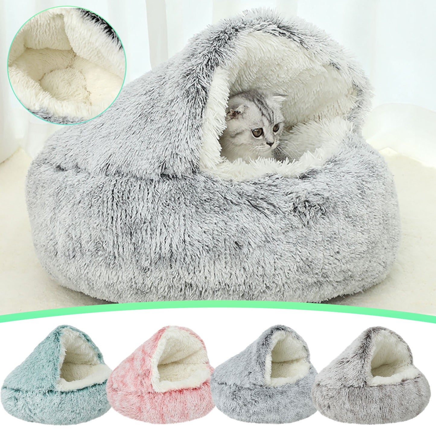 Darzheoy Calming Dog Beds & Cat Cave Bed with Hooded Cover, Removable Washable Round Beds for Small Medium Pets, Anti-Slip Plush Coved Bed for Pet (20"x20") P