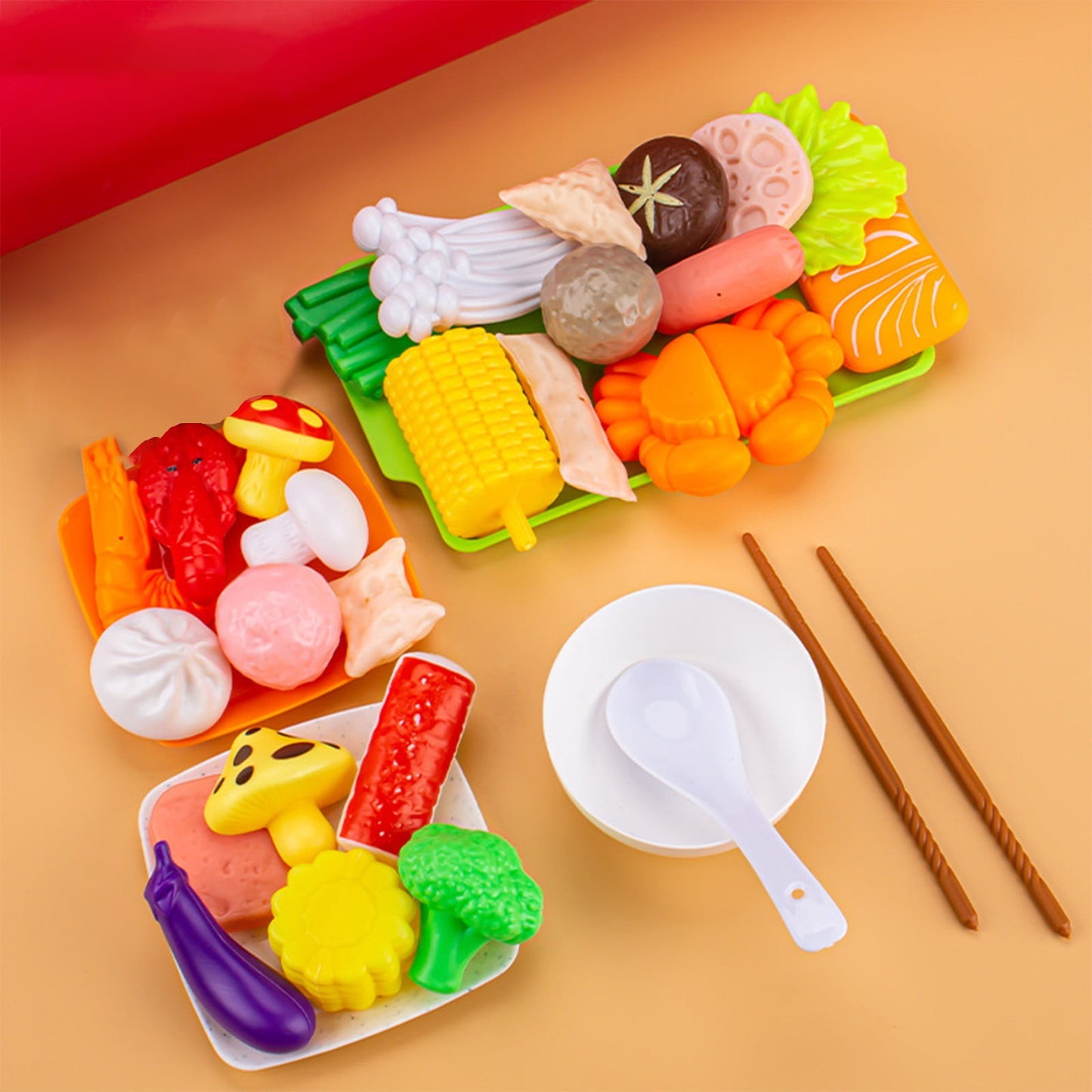 Chmadoxn Play Food Toy Set for Kids Kitchen,Simulation Seafood Fruit & Vegetables Accessories,Kitchen Hot Pot Toys, Plastic Dishes, Toddler Play Kitchen Accessories Educational Toys for Boys Girls 33PCS