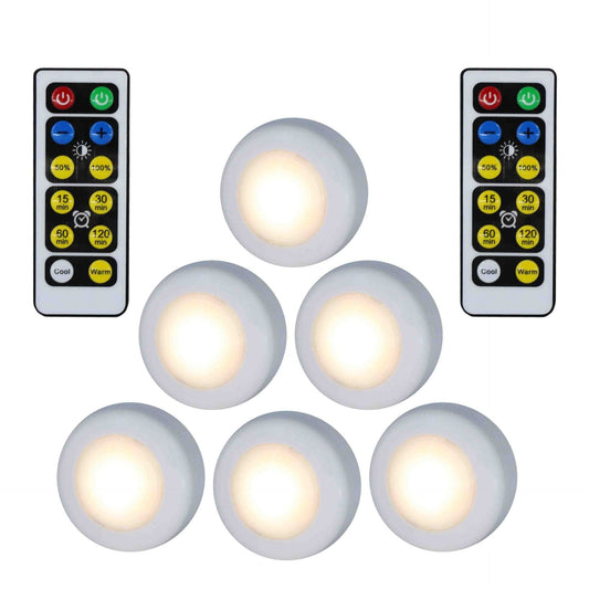 Closet Lights Battery Operated, Push Button, Tap, Press, LED with Remote Controll, Dimmable, Stick on Lights for Cabinet Counter Shelf (Six lights and two remote controls,Battery not included)