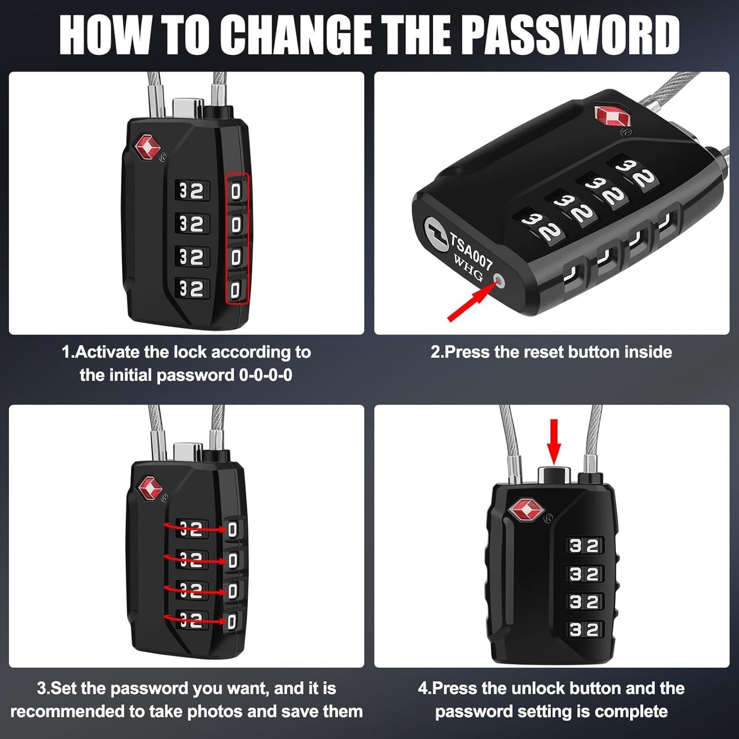 Luggage Locks, [Upgrade Version][4 Pack] TSA Approved Suitcase Lock 4-Digit Re-settable Combination Lock, Cable Backpack Locks, Code Lock for Travel Suitcase Luggage Bag Lockers (Black)