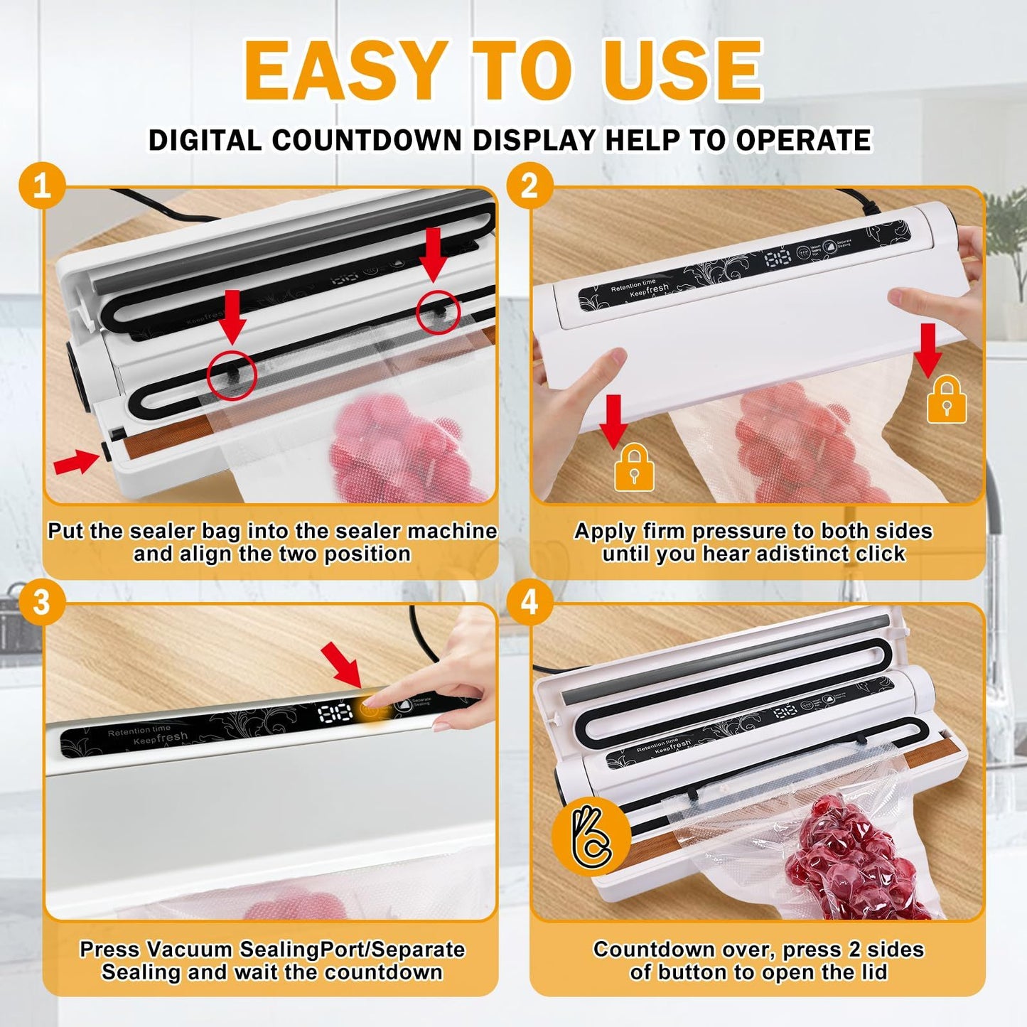 Food Vacuum Sealer Machine, 60KPA Strong Suction, Dry/Wet Modes, 20 Vacuum Seal Bags for Food, Digital Countdown Timer, Compact Lightweight, Ideal for Home Kitchen Use（white8.5*9.5*4cm）