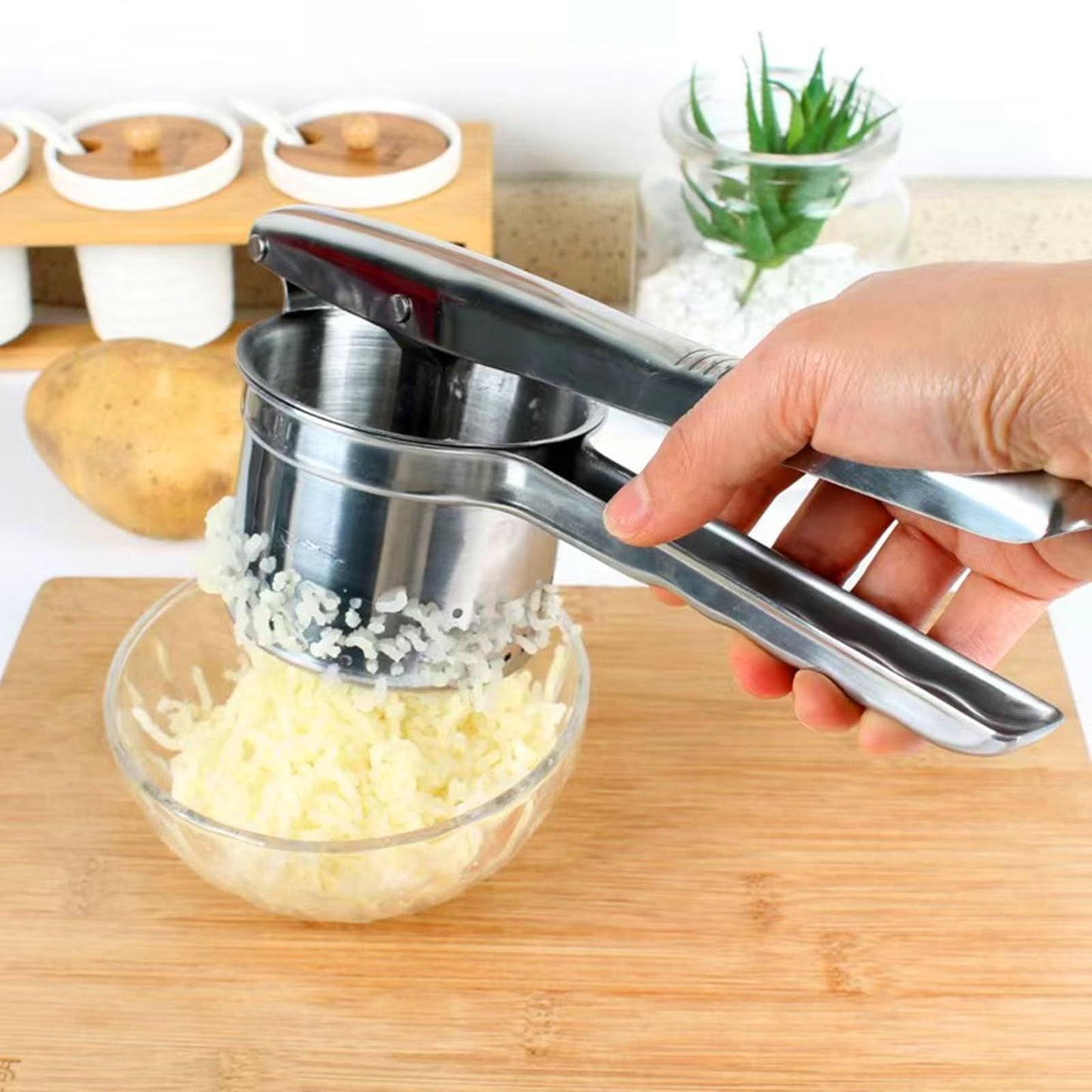 Heavy Duty Stainless Steel Mashed Potato Masher with Ergonomic Handle, Press and Mash Kitchen Gadget, Make Fluffy Smooth Mashed Potatoes & PressVegetables