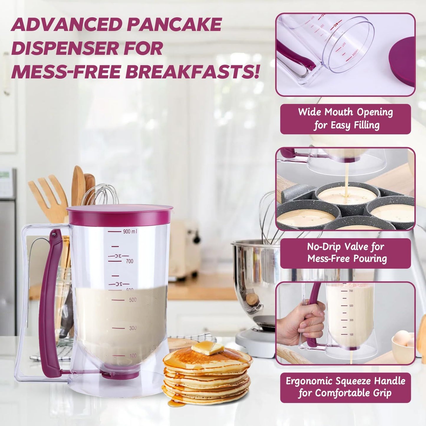 Pancake Cupcake Batter Dispenser for Waffles, Muffin Mix, Crepes, Cake Purple Pancakes, Cupcake,  900ml
