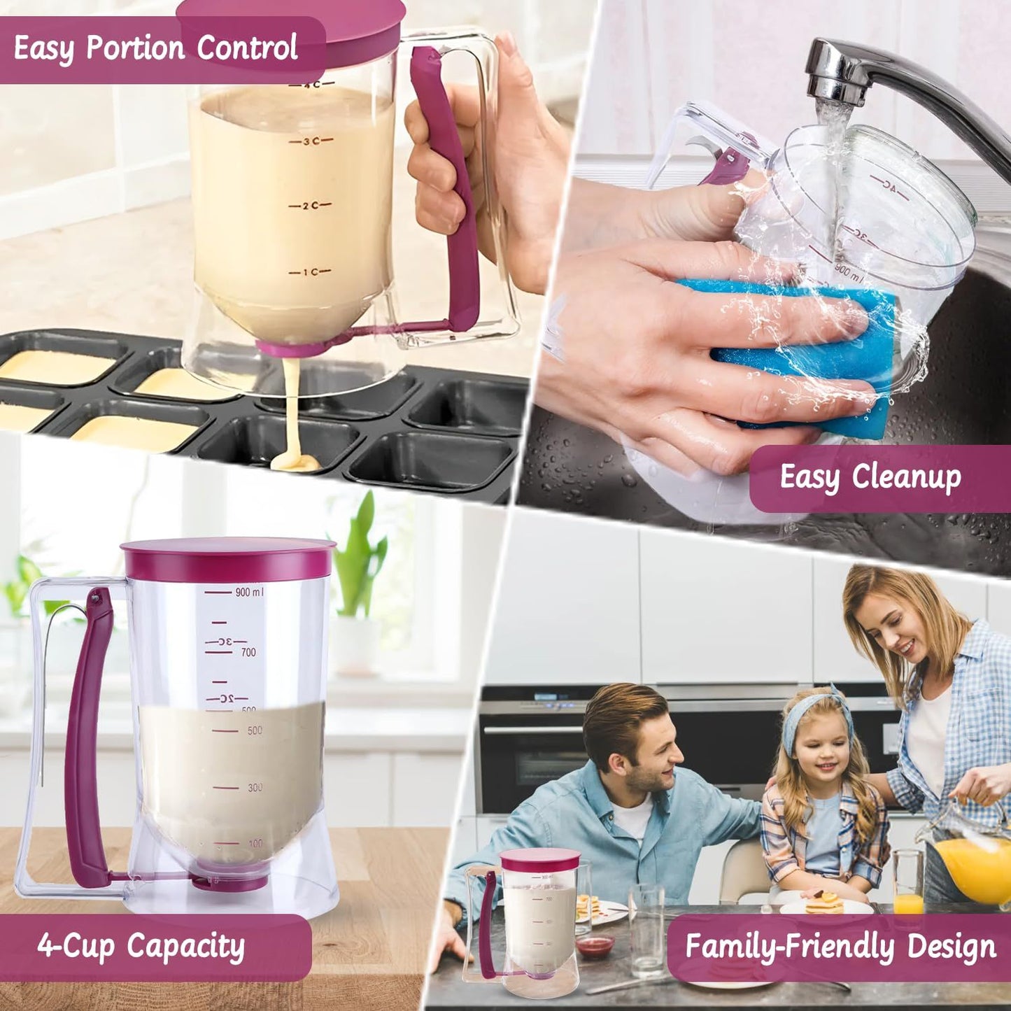 Pancake Cupcake Batter Dispenser for Waffles, Muffin Mix, Crepes, Cake Purple Pancakes, Cupcake,  900ml