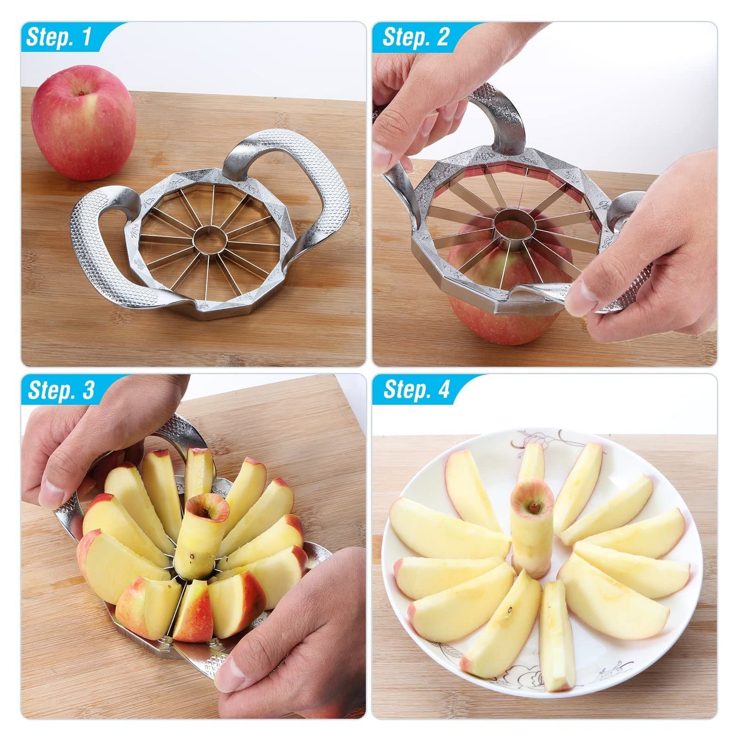 Apple Slicer,12-Slices Stainless Steel Cutter，Heavy Duty Stainless Steel Apple Cutter and Divider， Anti-slip Handle，Gifts for Mom， Easy to Use.（Chrome color）