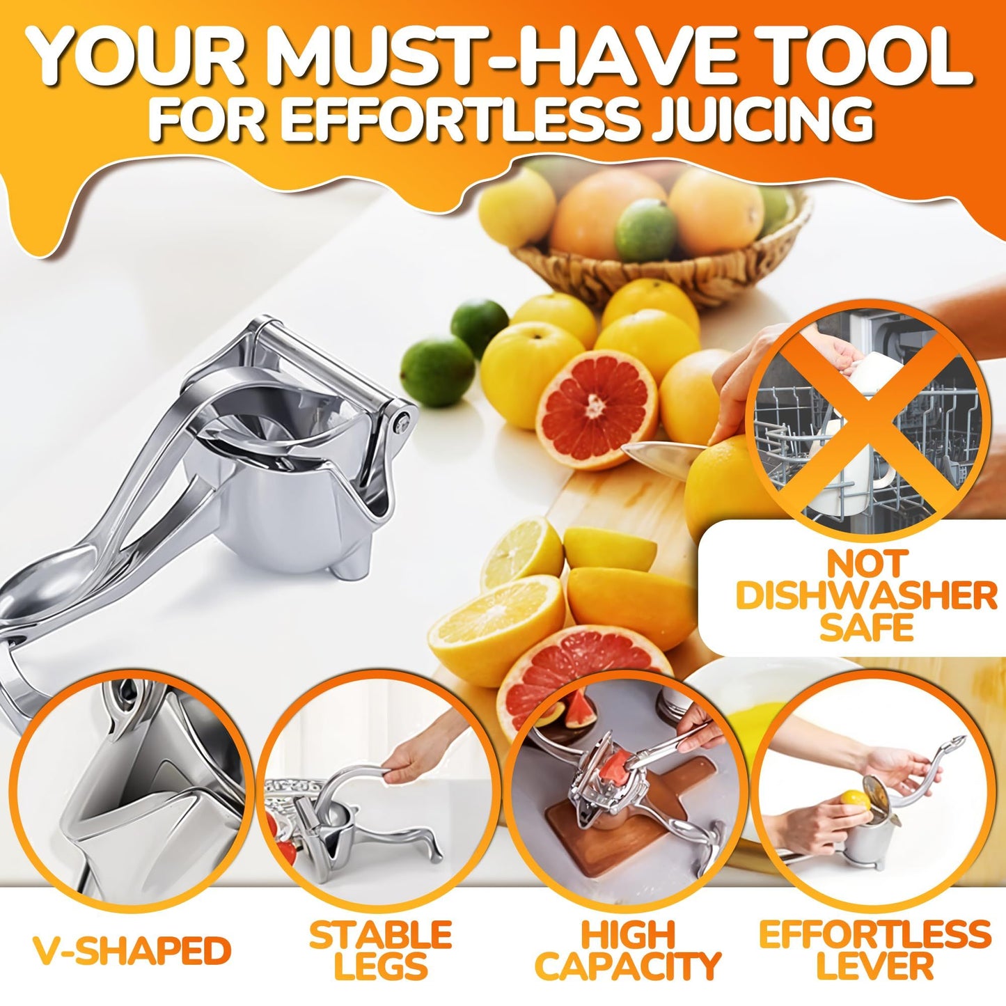 Aluminum Alloy Fresh Fruit Juice Extractor - Hand Juicer Squeezer, Non-Slip Ergonomic Grip, Easy to Use & Clean, 23.5cmLength with 0.6L Capacity - Efficient Extraction of Citrus, and Other Fruits23.5*14*10.3cm