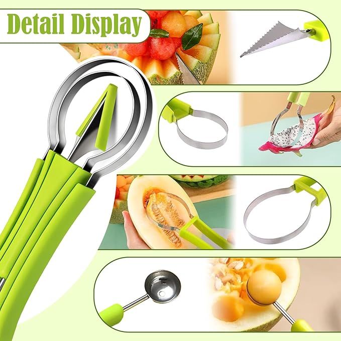 Melon Baller Scoop Set,4 In 1 fruit cutters shapes, watermelon scooper fruit scooper and baller, fruit carving tools（Green）