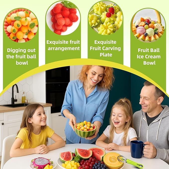 Melon Baller Scoop Set,4 In 1 fruit cutters shapes, watermelon scooper fruit scooper and baller, fruit carving tools（Green）