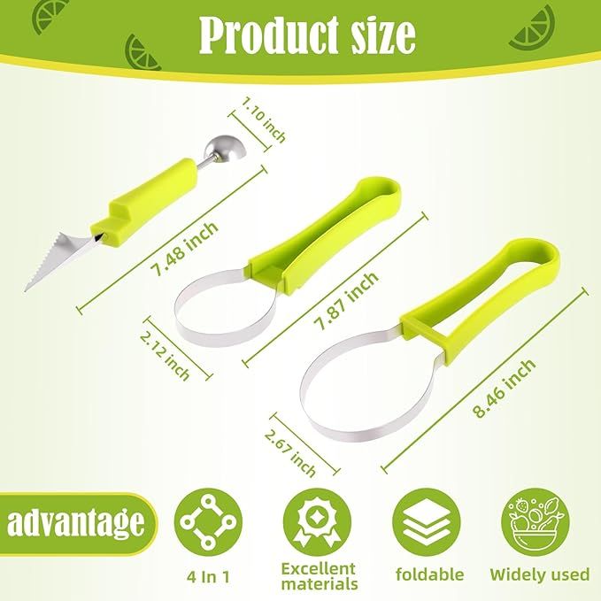 Melon Baller Scoop Set,4 In 1 fruit cutters shapes, watermelon scooper fruit scooper and baller, fruit carving tools（Green）