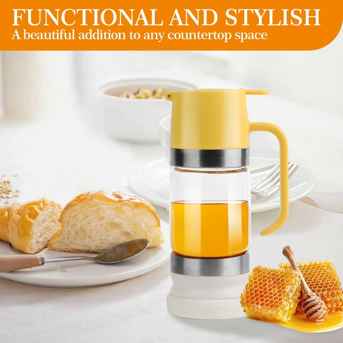Glass Honey Dispenser Pot, No Drip 10 OZ Honey Jar with Handle, Syrup Dispenser for Coffee or Tea, Yellow white