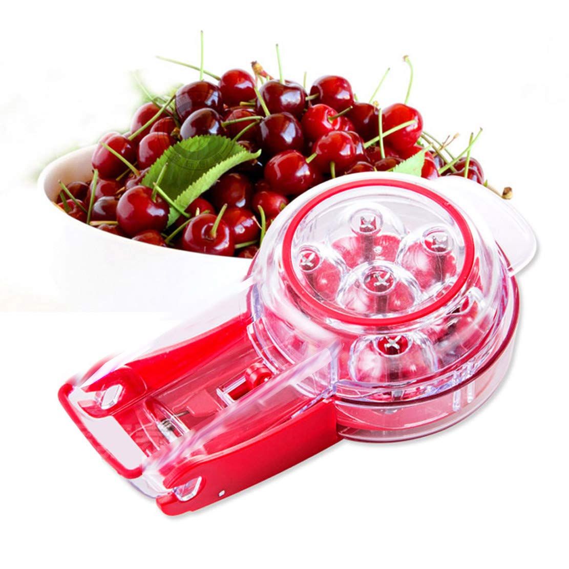 Kitchen Aid Cherry PitterDeluxe Multi Fruit Pit Corer Core Cutter Remover Prep Helper Machine Mason Jar Tool Gadget Red for 6 Cherries Plums Olives Berries