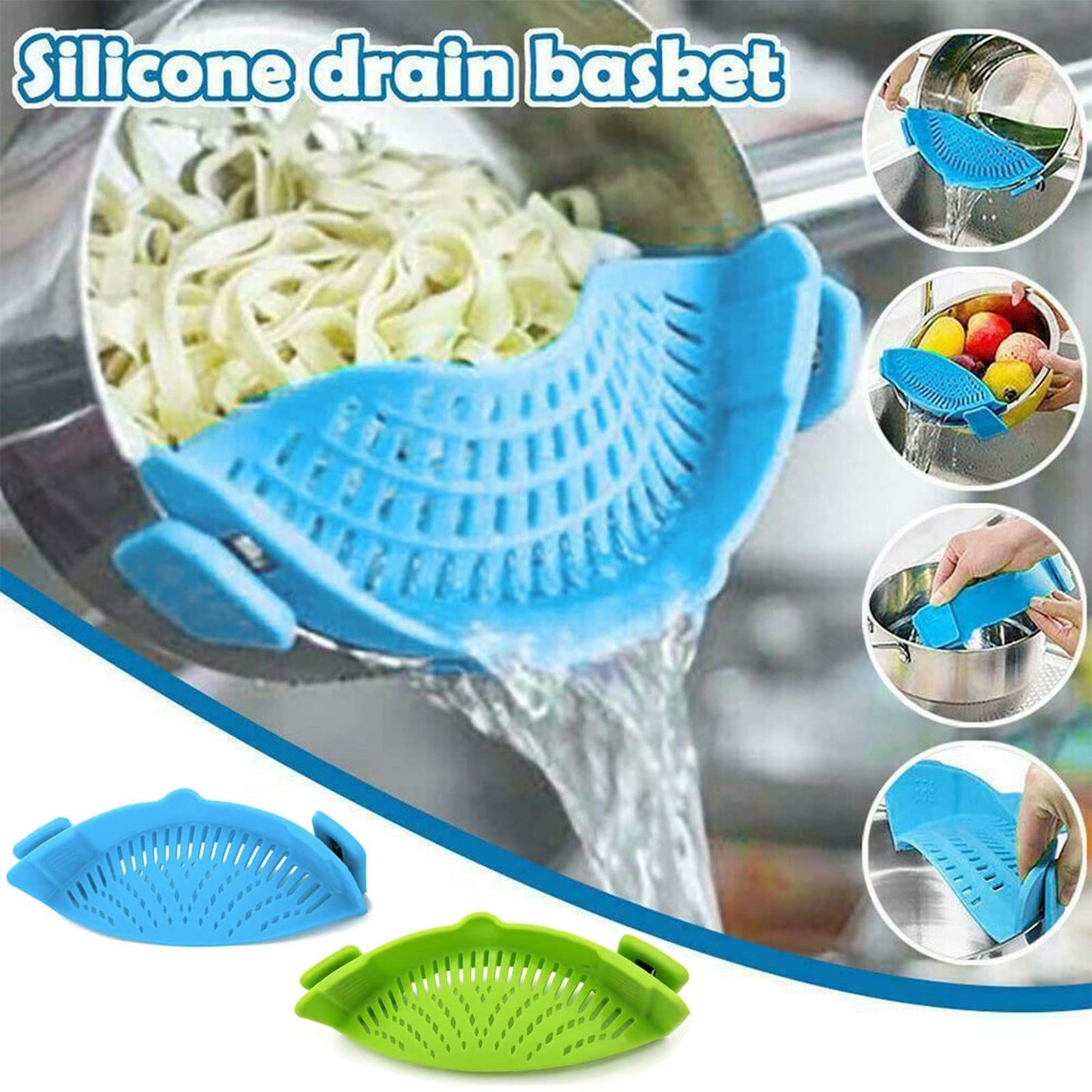 Strainer, 2 Packs of Hands-free Clip-on Heat Resistant Colander Pour Spout for Pasta Vegetable Noodles Pot bowl Pan （green+ blue）