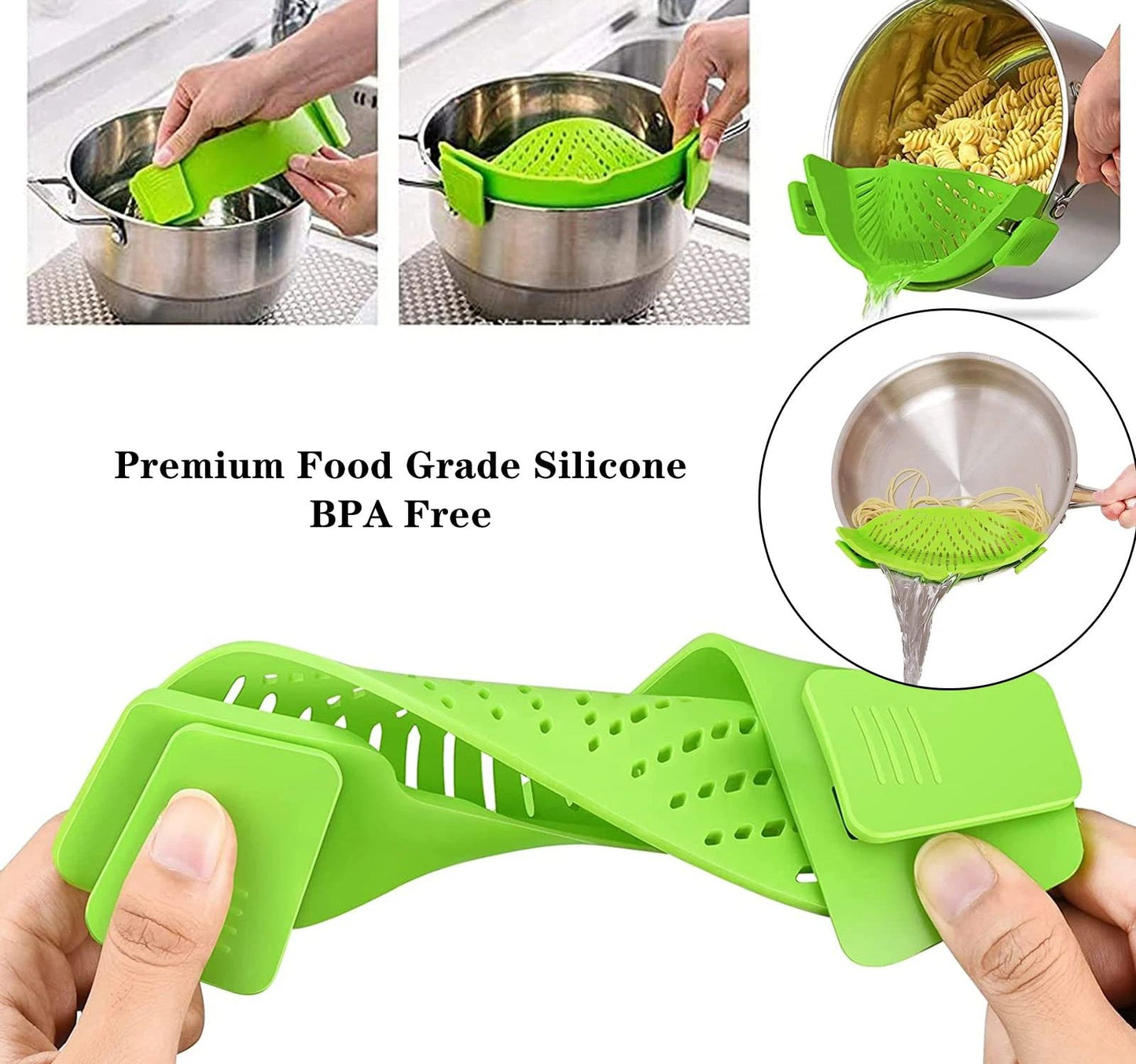 Strainer, 2 Packs of Hands-free Clip-on Heat Resistant Colander Pour Spout for Pasta Vegetable Noodles Pot bowl Pan （green+ blue）