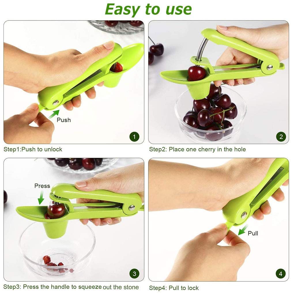 Olive Seed Remover Tool with Food-Grade Silicone Cup,Portable Fruit Corer Cherry Stoner Kitchen Aid Machine with Space-Saving Lock Design(Green)
