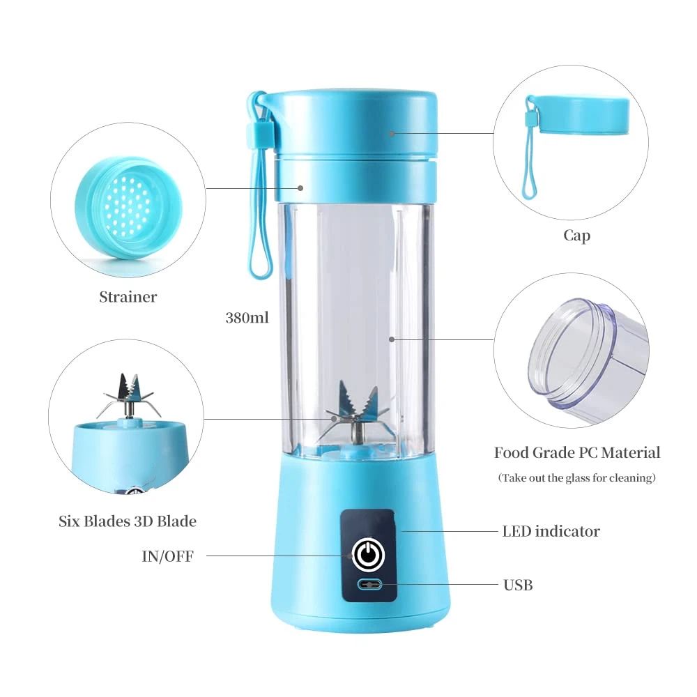 Portable Blender, Personal Mixer Fruit Rechargeable with , Mini Blender for Smoothie, Blue Six Blades 400ml（8*8*25cm)