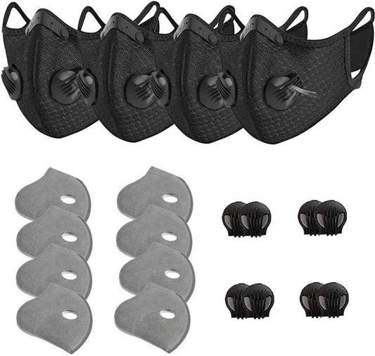 4 Pack Unisex Adjustable Reusable Washable Dust Protect Mouth Cover with 8Carbon Filters and 8 Breathing Valves for Bicycle Running Riding Cycling Outdoor Sport Black