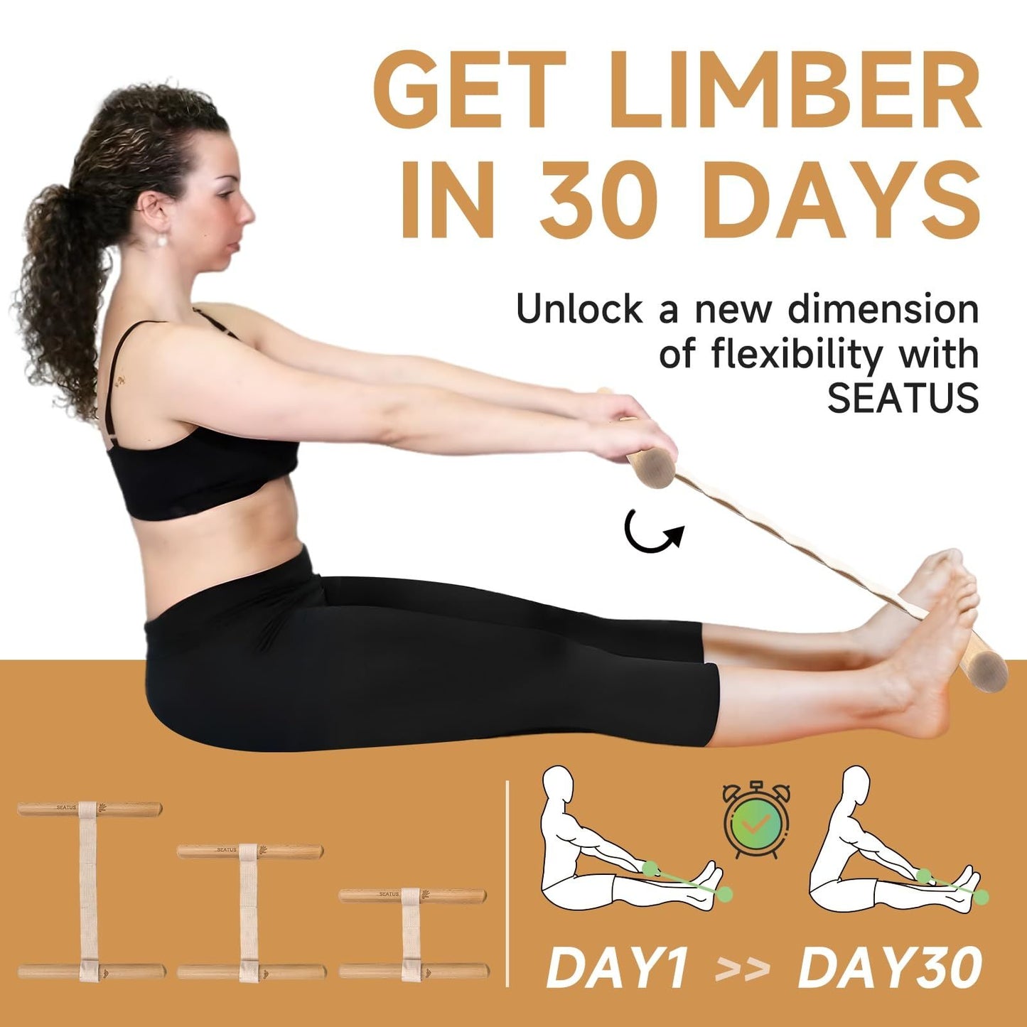 Stretching Tool – 2-in-1 Flexibility & Back Trainer | Daily Mobility & Pain Relief | Compact Stretch Aid for Home, Office(natural wood color32*3）