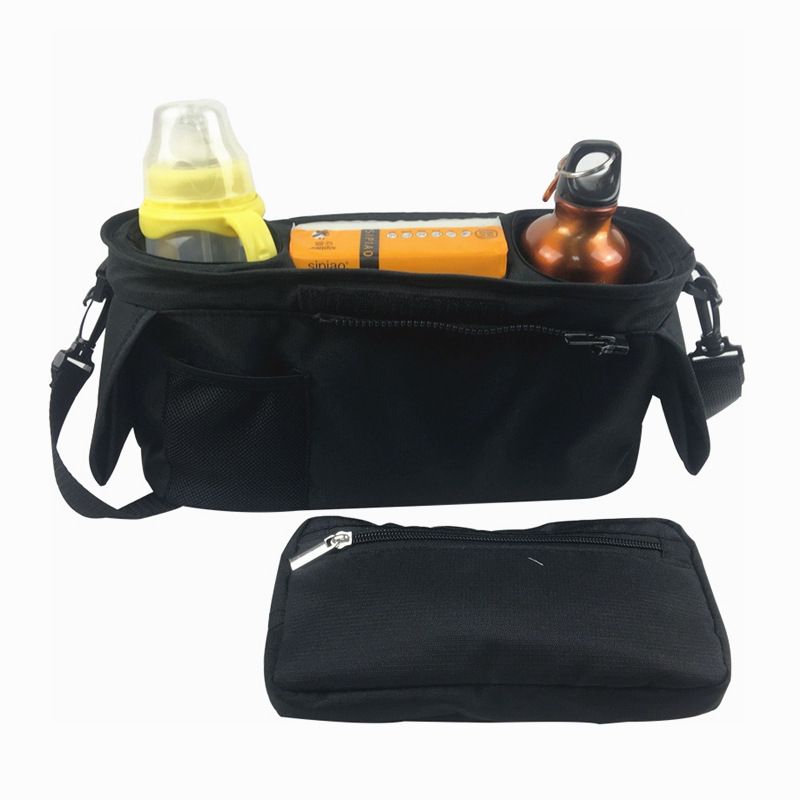 Universal Stroller Organizer with Insulated Cup Holder, Detachable Phone Bag, Shoulder Strap – Fits All Stroller Types, Keeps Drinks Hot/Cold (Black)