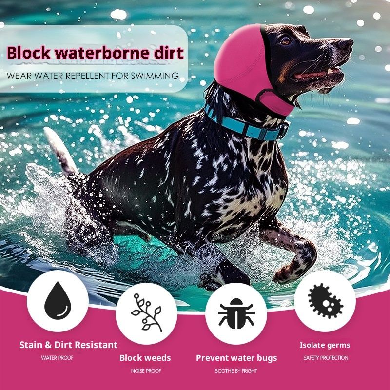 Dog Ear Muffs & No Shake Ear Wrap for Hematoma, Bathing, Drying,Swim& Noise Anxiety Relief - Elastic Waterproof Ear Protector with Calming Hoodie Design  (rose pink, M)