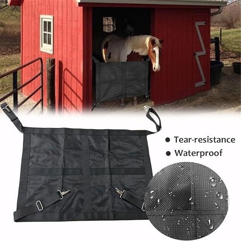 HardwareBreathable Mesh Protector, Portable Aisle Fence | Wind Shield Oxford Cloth Construction, Weather Durable Safety Strap System Equine Training Stable Gate (Black)