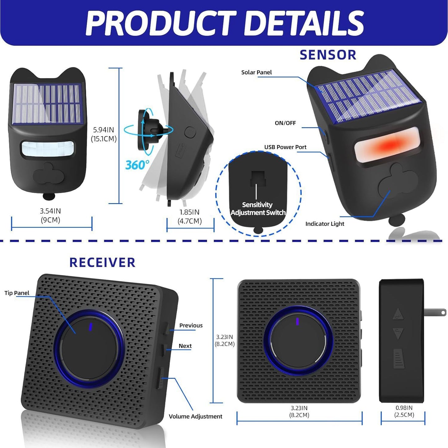 Solar Wireless Driveway Alarm Outdoor Weather-Resistant Motion Sensor Detector Doorbell Chime, DIY Security Alert System (1 Sensor & 2 Doorbell)