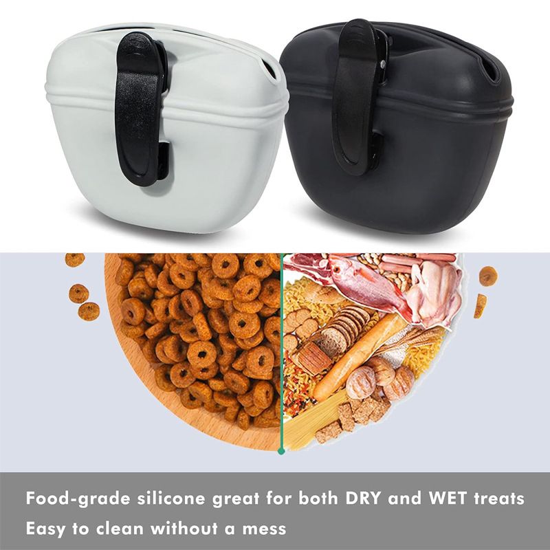 2 pack Silicone Dog Treat Pouch,Clip on Portable Train Container,Convenient Magnetic Buckle Closing（gray+black）