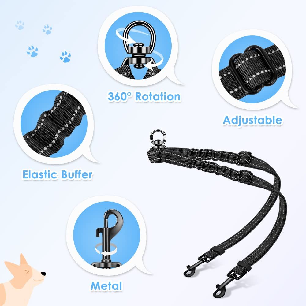 Dual dog leash, tangle free dual dog design 360 ° rotating, reflective walking training guidance, comfortable padded handle, can accommodate 2 dogs (black)