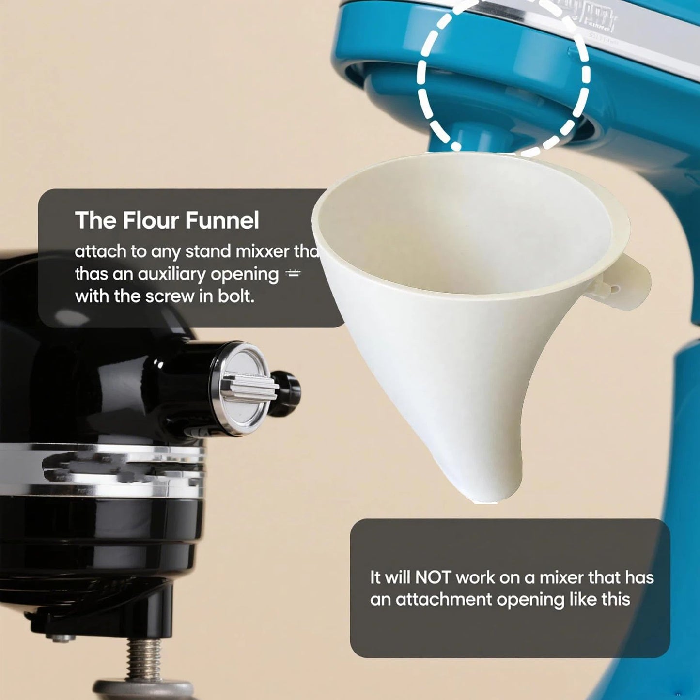 Flour Funnel for Kitchen Aid Mixer, Mess Free Guided Pouring, Easy Clean Durable Accessory for Baking and Cooking Prep (White)
