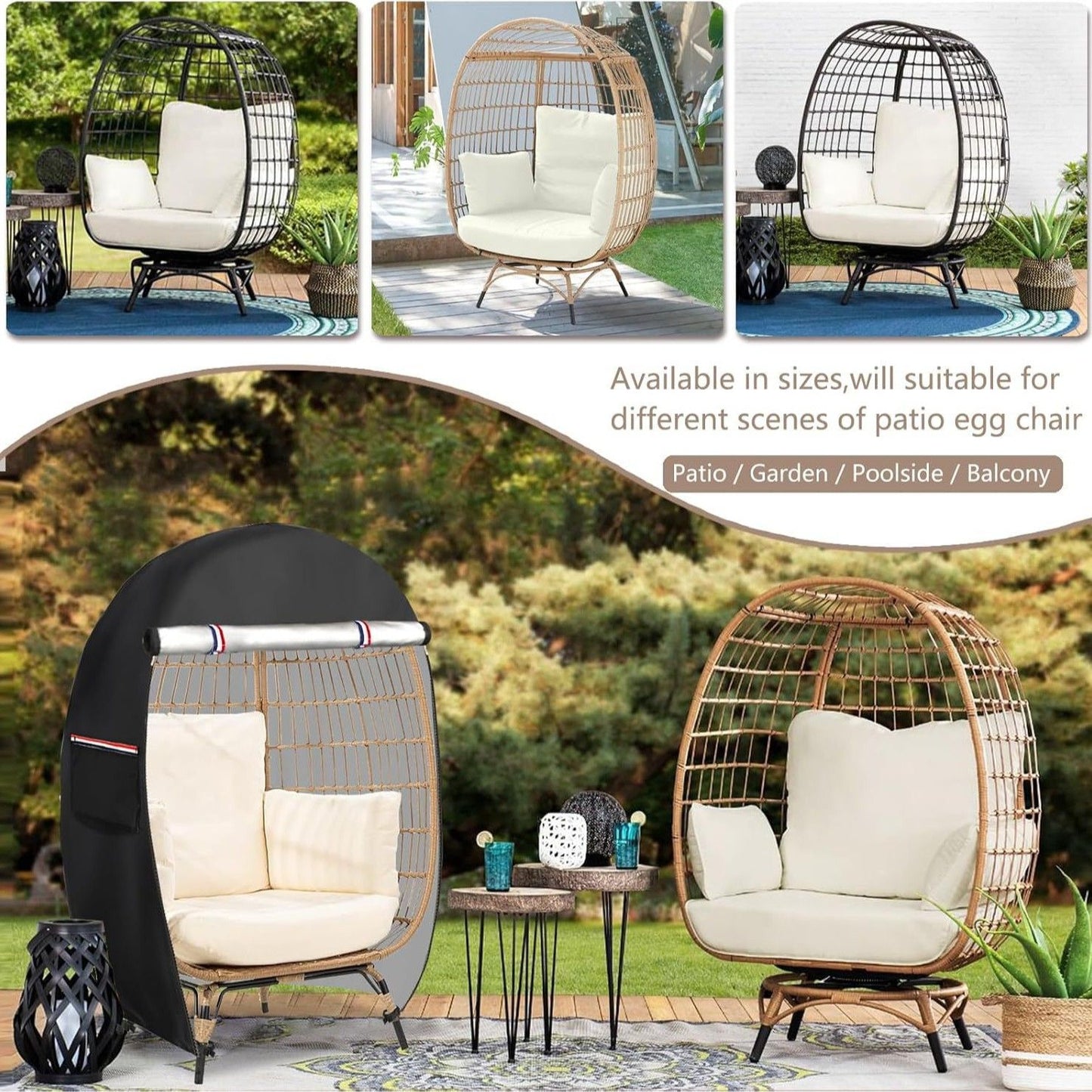 Outdoor Egg Chair Cover,Double Egg Chair Cover for 2 Person Egg Loveseat Chair (Black,Fits 35.4" D x 57.1" W x 56.3" H Egg Chair)（145*90*143cm）
