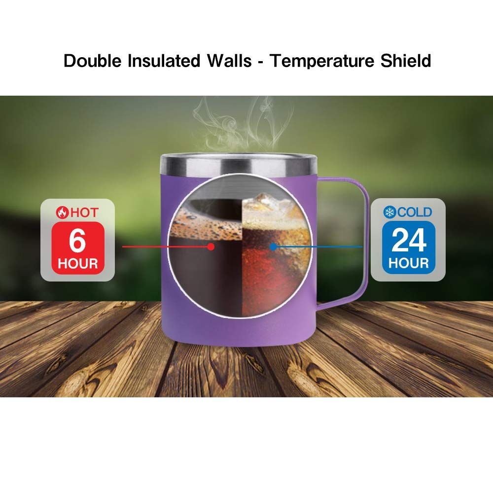 Stainless Steel Insulated Coffee Mug Tumbler with Handle, 14oz Double Wall Vacuum Travel Tumbler Cup with Sliding Lid (Purple)