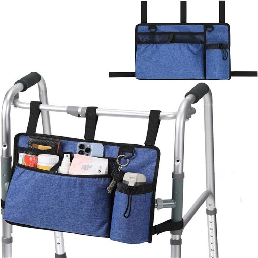Bag Basket with Cup Holder Suit for Adult Folding Walkers Rollator Organizer Carry Storage Pouch Water-Resistant Armrest Accessories for Seniors, Elderly, Handicap, Blue