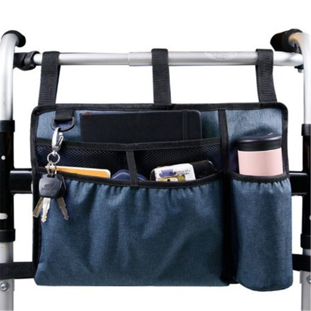 Bag Basket with Cup Holder Suit for Adult Folding Walkers Rollator Organizer Carry Storage Pouch Water-Resistant Armrest Accessories for Seniors, Elderly, Handicap, Blue