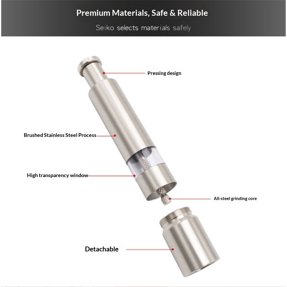 Stainless-Steel One-Handed Thumb Push Button Salt and Pepper Grinder For Black Pepper(Stainless steel spring built-in model)