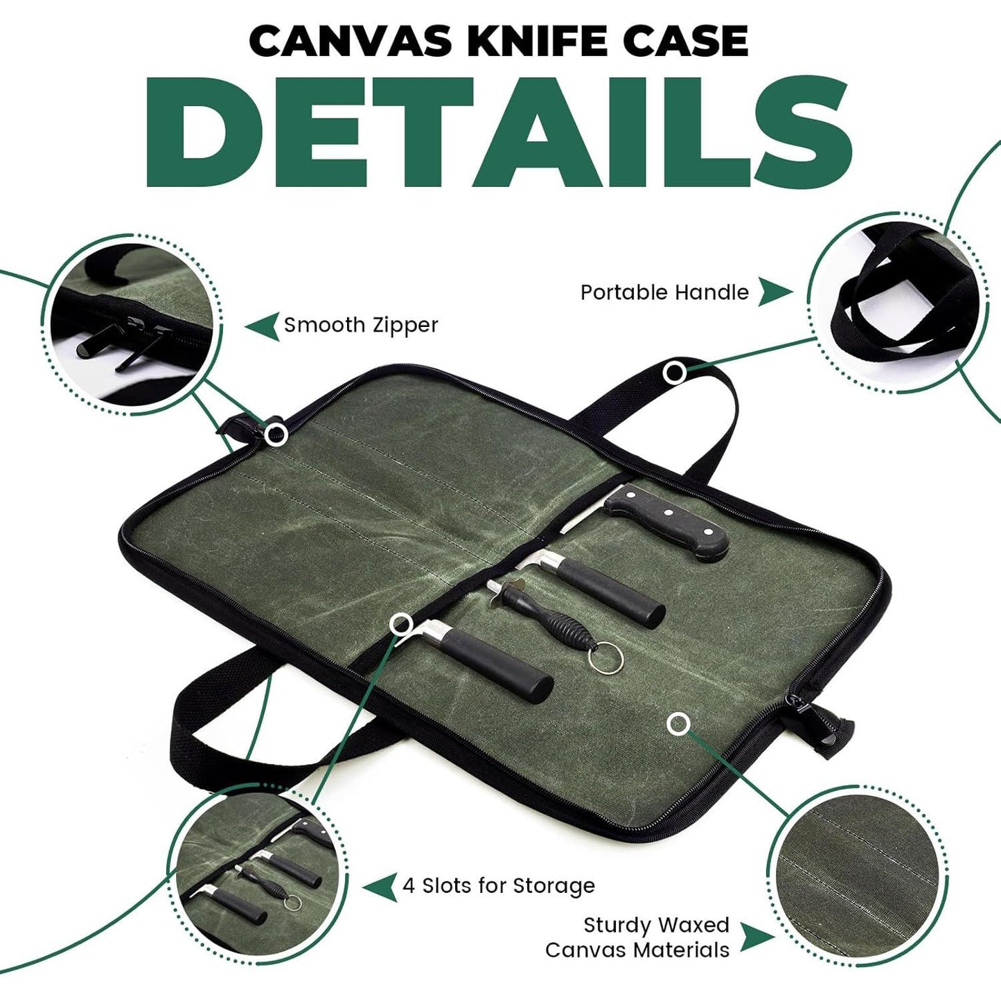 Chef Knife Roll Bag with 4 Slots, Heavy Duty Waxed Canvas Knife Bag with Handle, Kitchen Knife Storage, Portable Knife Carrying Case (Only one kitchenware storage bag)