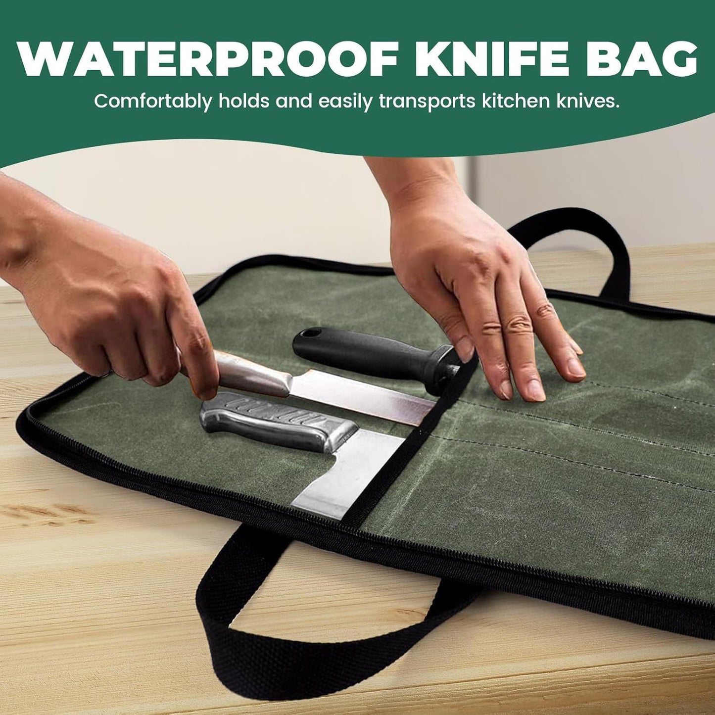 Chef Knife Roll Bag with 4 Slots, Heavy Duty Waxed Canvas Knife Bag with Handle, Kitchen Knife Storage, Portable Knife Carrying Case (Only one kitchenware storage bag)