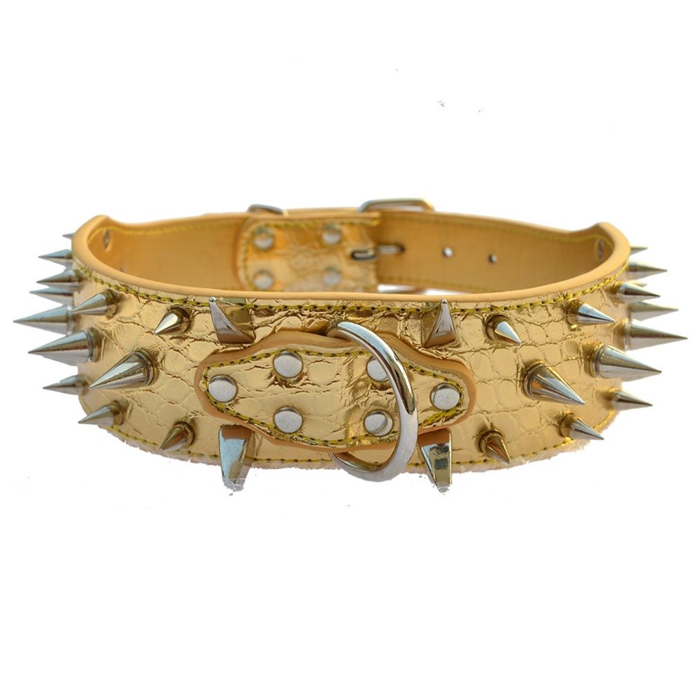 Spiked Leather Dog Collar Bullet Rivets Studded 2 Inch Width Stylish Leather Dog Collars for Medium & Large Dogs Pitbull(Gold ,XL)