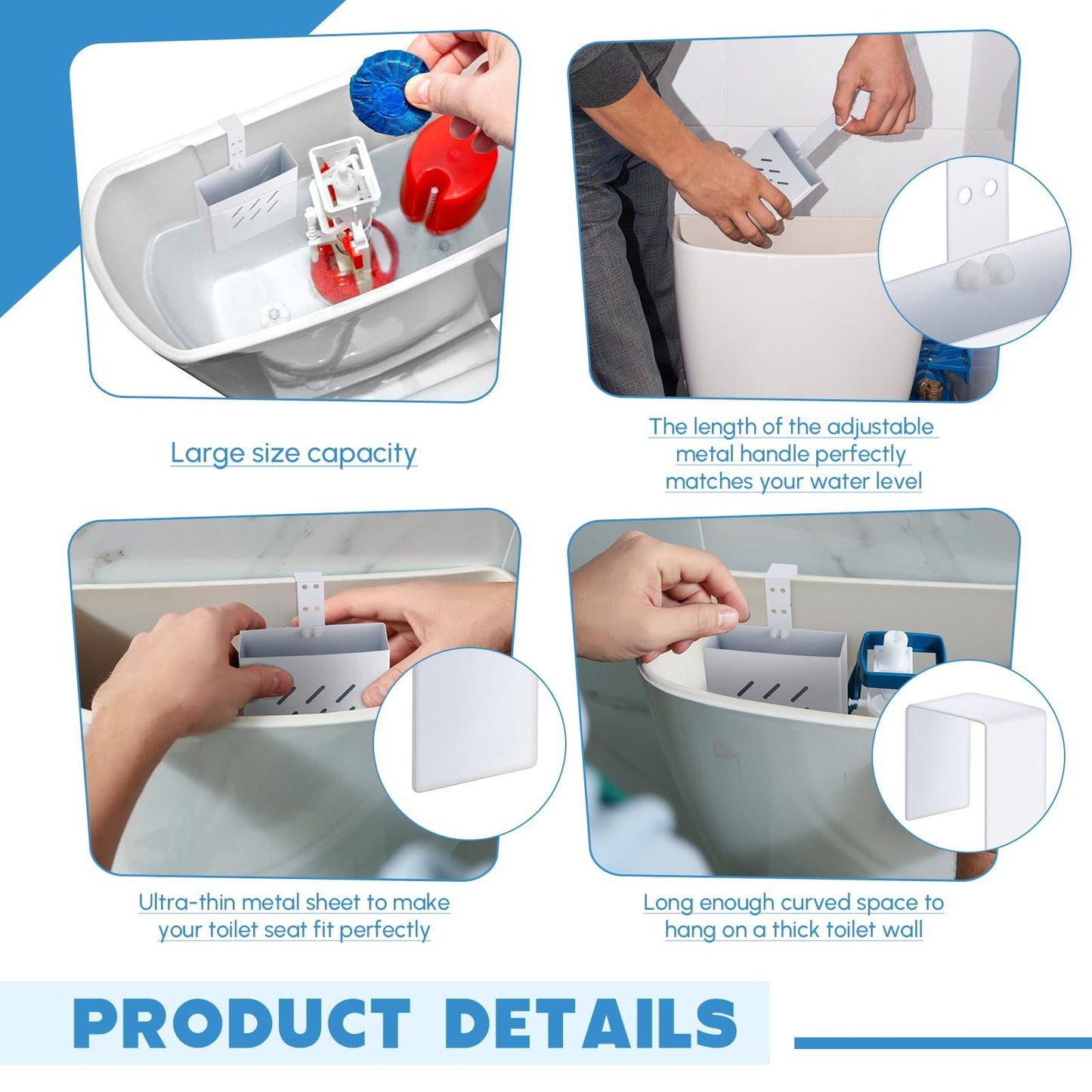 2 Pcs Large Size 4. 33 x 4. 33 x 1. 38 Inch Stainless Steel Toilet Tank Cleaning Tablet Holder with Adjustable Hook to Hang Toilet Cleaner Box