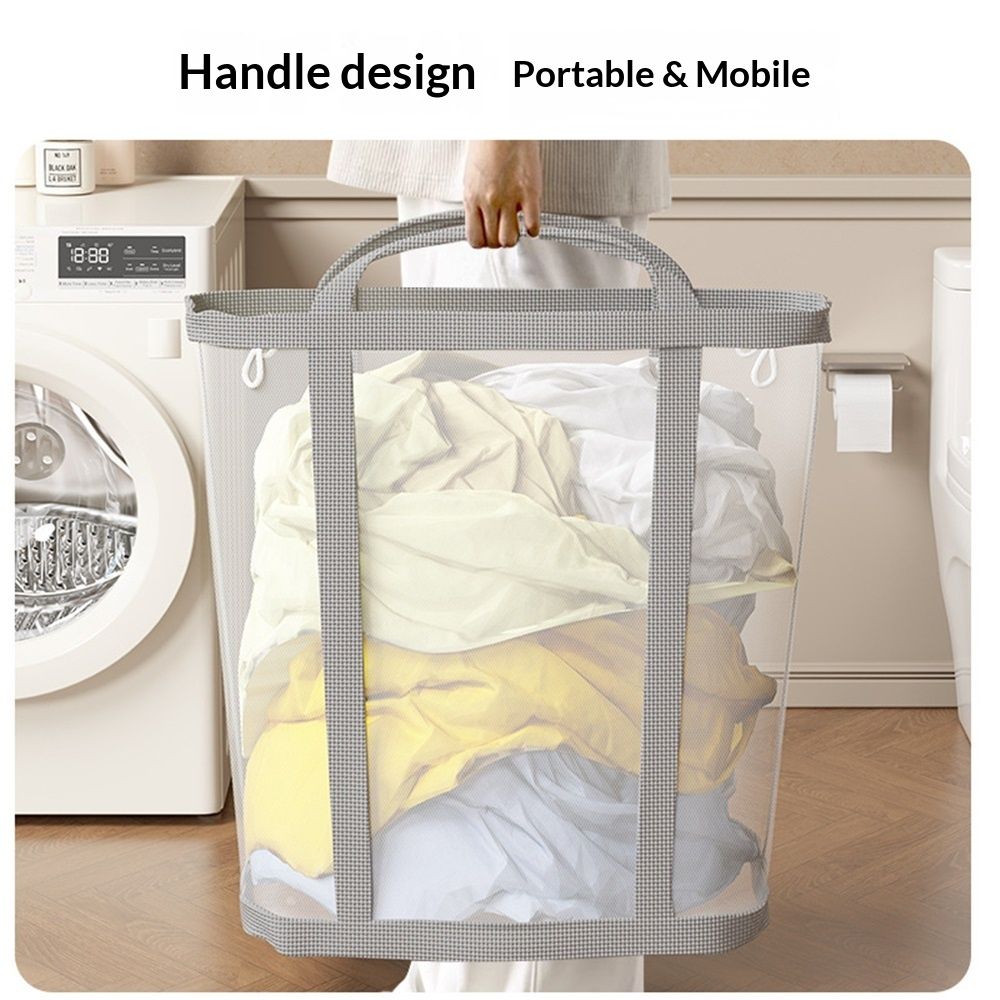Mesh Bag with Handles, Collapsible Laundry Basket, Foldable Laundry Bag, Breathable Folding Beach Bag,Space-saving Travel Tote Bags (1, Grey)