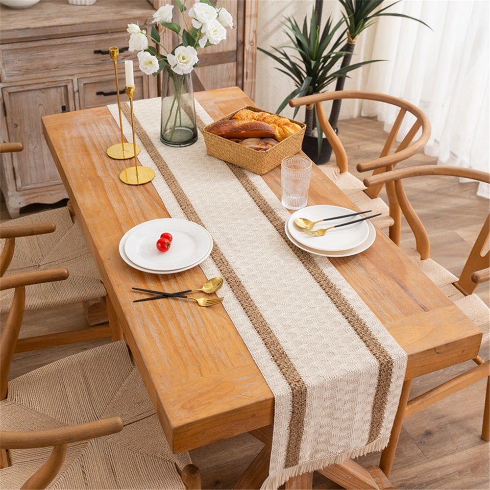 Boho  Table Runner, Farmhouse Style Cotton Linen Rustic Woven Table Runner with Tassels for Dining, Wedding, Bridal Shower, Bohemian (30*140cm )