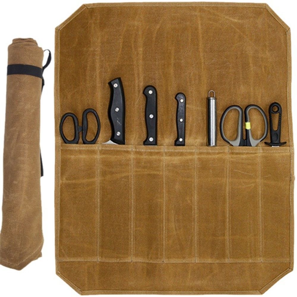 Chef’s Knife Roll Bag,Waxed Canvas Knife Cultery Carrier, Portable Chef Knife Cases,Knife Pouch Holders Pockets Can Hold Home Kitchen Knife Tools