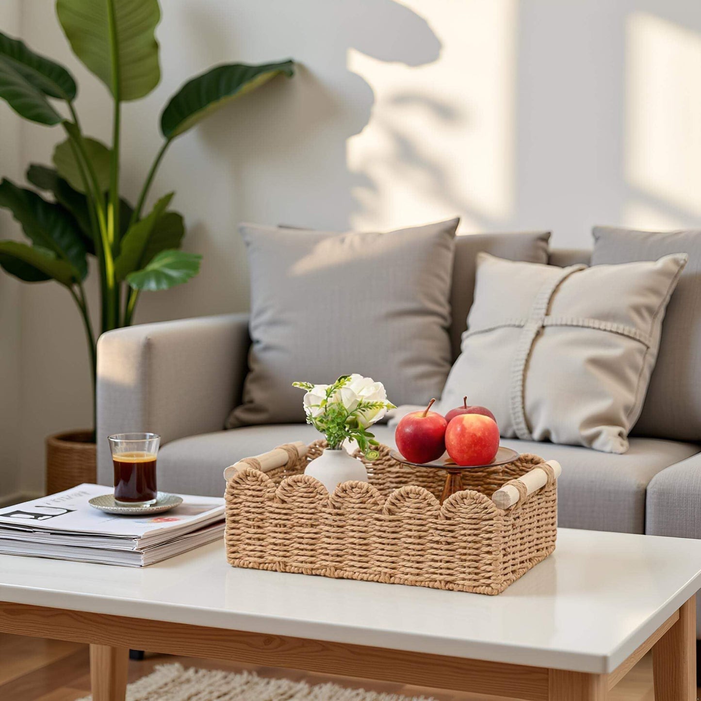 Toilet Paper Storage Basket  Edge Home Decor Basket, Living Room Cozy Decor, Paper Rope Small Baskets for Over Toilet Storage Shelf, End Table, Shelves, with 2 Wooden Handles, Brown 30*12.5*7.5cm，The packaging only includes one paper basket