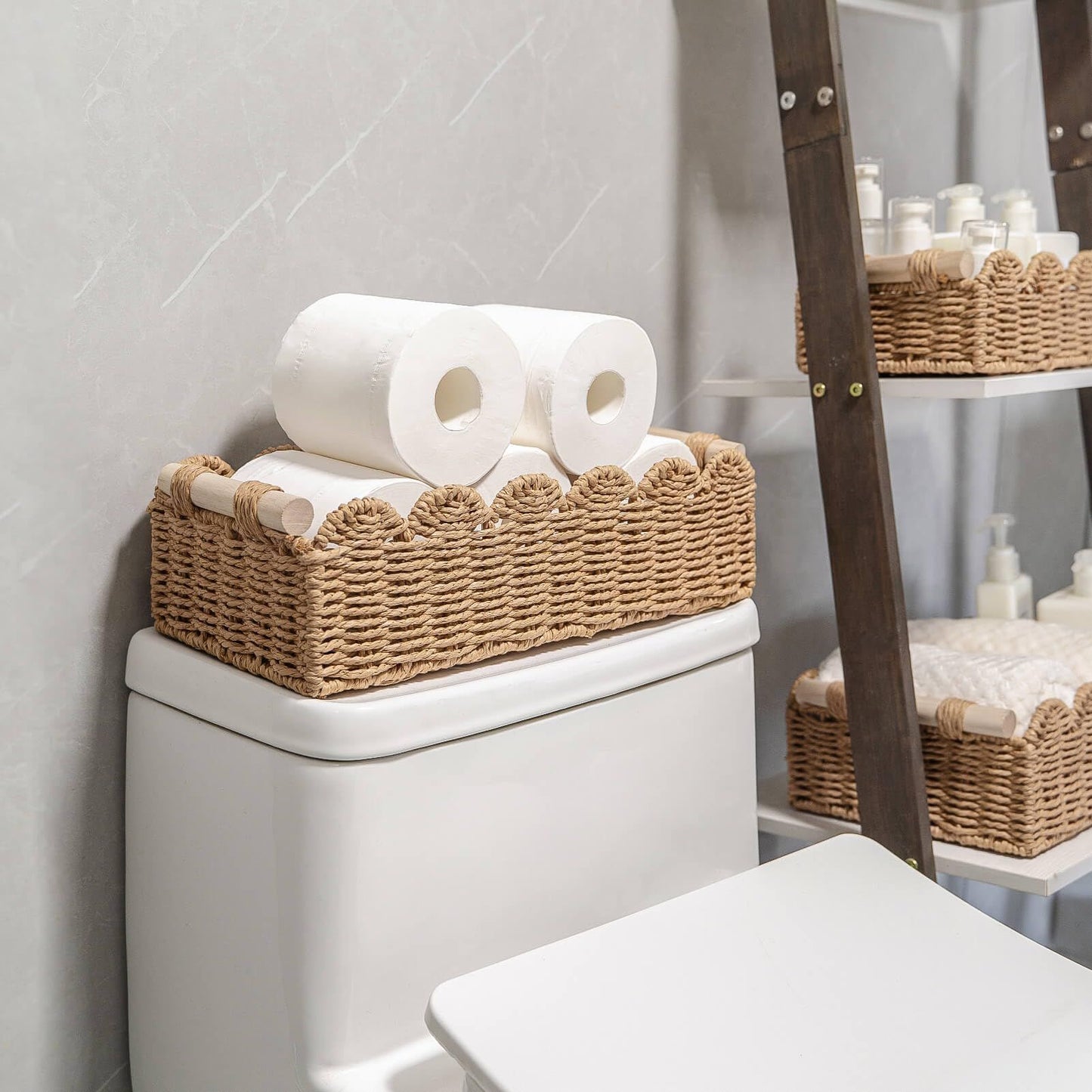 Toilet Paper Storage Basket  Edge Home Decor Basket, Living Room Cozy Decor, Paper Rope Small Baskets for Over Toilet Storage Shelf, End Table, Shelves, with 2 Wooden Handles, Brown 30*12.5*7.5cm，The packaging only includes one paper basket