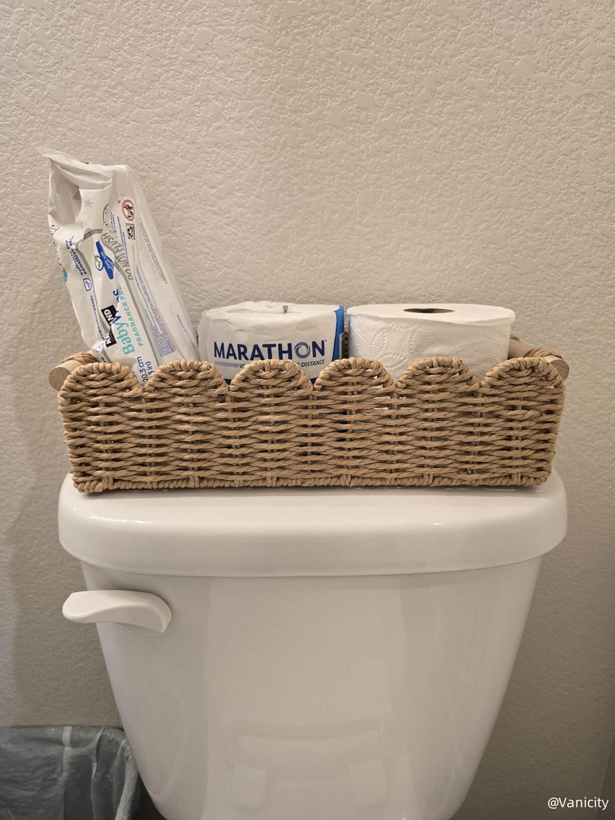 Toilet Paper Storage Basket  Edge Home Decor Basket, Living Room Cozy Decor, Paper Rope Small Baskets for Over Toilet Storage Shelf, End Table, Shelves, with 2 Wooden Handles, Brown 30*12.5*7.5cm，The packaging only includes one paper basket